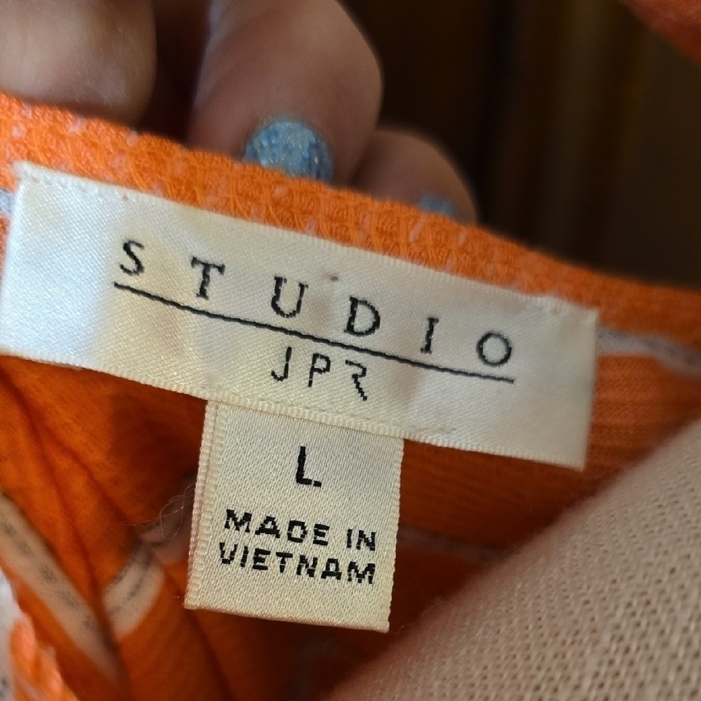 Studio JPR Orange Striped V Neck Back Ring Detail 3/4 Sleeve Top Women's L - Picture 3 of 6